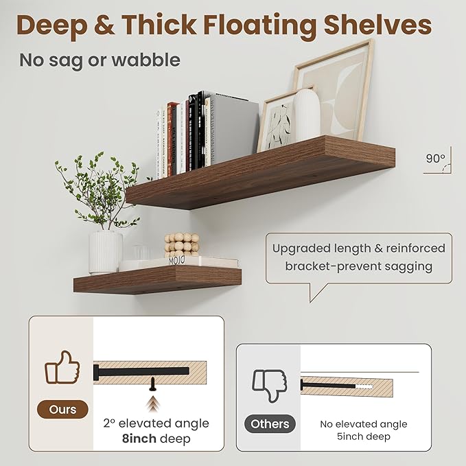 55 Inch Floating Shelves for Wall, 8 Inch Deep Floating Shelf for Storage & Display, Rustic Wall Mounted Shelf with Invisible Brackets for Living Room, Kitchen, Bathroom, Home Decor, Set of 2, Walnut