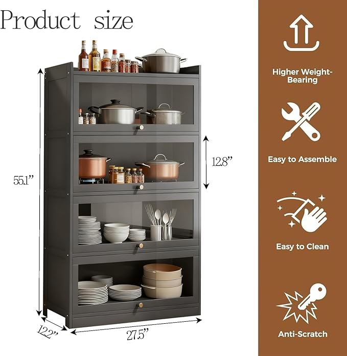 Kitchen Pantry Cabinet, Kitchen Storage Cabinets with Door, 55" Tall Pantries Cabinet & Cupboard for Kitchen, Dining Room, Living Room, Bamboo, Grey