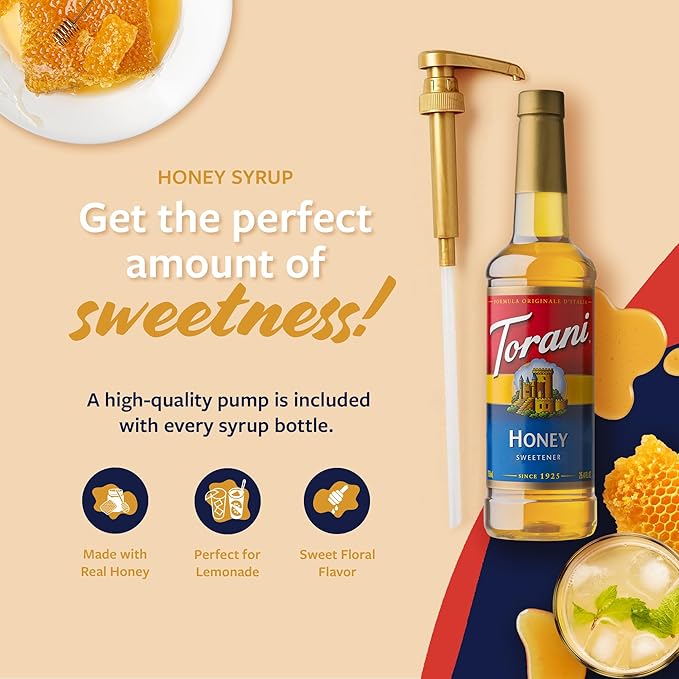 Torani Honey Sweetener, Flavoring for Drinks and Desserts, Pump Included, 25.4 Fl Oz
