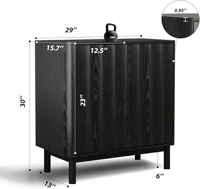 Wave Fluted Buffet Cabinet,30'' Tall Sideboard Storage with 2 Doors & Adjustable Shelves for Dinning Room, Kitchen, Living Room,Coffee Bar (29''W-Black)