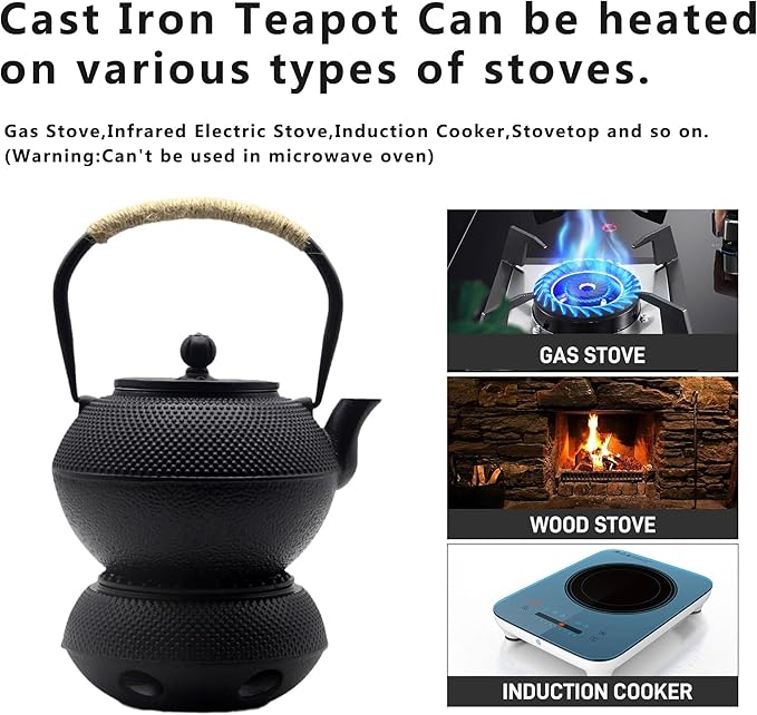 YJX 40.6oz Cast Iron Teapot Set with Warmer, Japanese Tea Set for Stovetop, 1200ml Black Tea Pot and Tea Cups Set, Tea Kettle with Infuser for Loose Leaves, Enameled Asian Teapot Sets for Adults