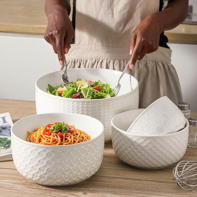 Ceramic Mixing Bowls, 27/53/84/162 oz, set of 4, Embossed large Mixing Bowl set, Serving bowls, Kitchen Dishware, Prep, Gift, Microwave and Dishwasher Safe, Modern Farmhouse Decor