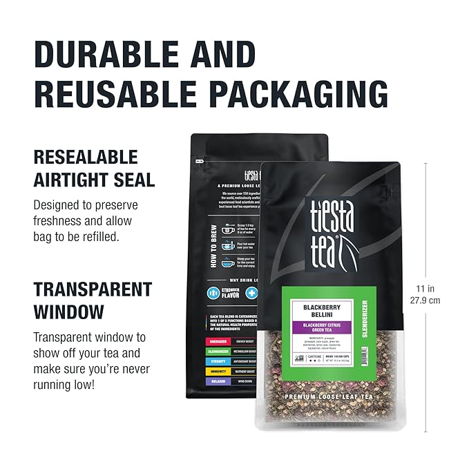 Tiesta Tea - Blackberry Bellini, Premium Loose Leaf Blend, Blackberry Citrus Green Tea, Medium Caffeinated, Refreshing Flavor, Hot or Iced, Up to 200 Cups, 16oz Resealable Bulk Pouch