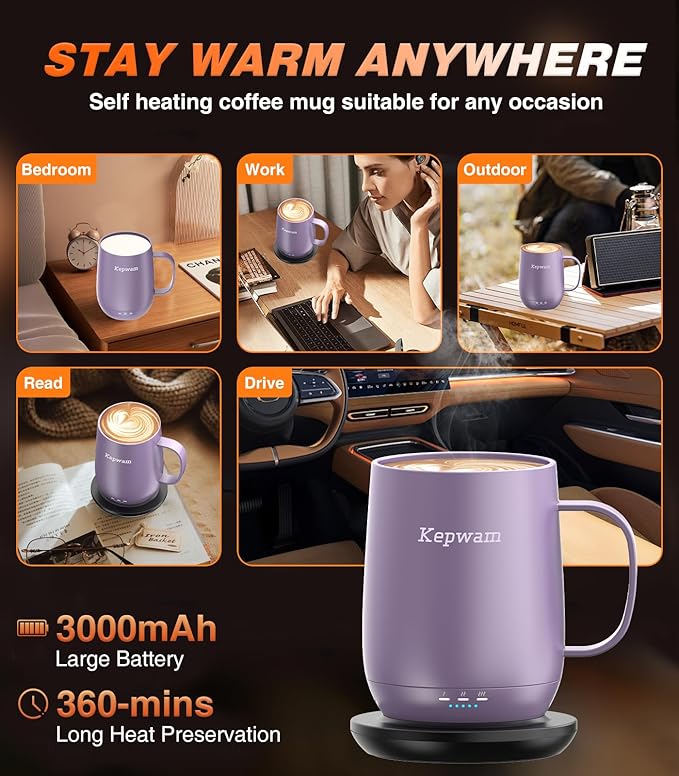 Self Heating Coffee Mug T2, 16oz Smart Heated Coffee Mug, 150 Min Battery Life - Hot up to 149℉ Temperature Control Coffee Mug Warmer, Gifts for Dad Mom (No APP)