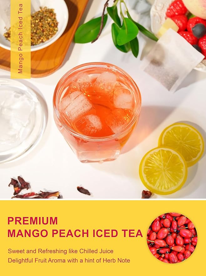 TeeLux Mango Peach Iced Tea, Rosehips Tea with Hibiscus & Chamomile & Lemon Balm, Refreshing Tart & Sweet Taste, Caffeine Free, 100 Count