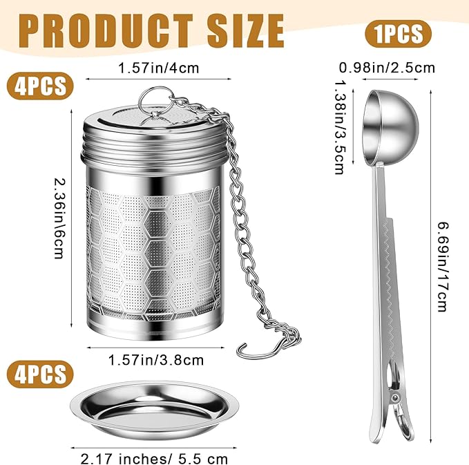 Umigy 4 Pcs Tea Infuser Strainers for Loose Tea with Scoop, Extra Fine Mesh Steeper 304 Stainless Steel Diffuser Leaf Holder with Extended Chain Hook for Brew, Spices, Seasoning