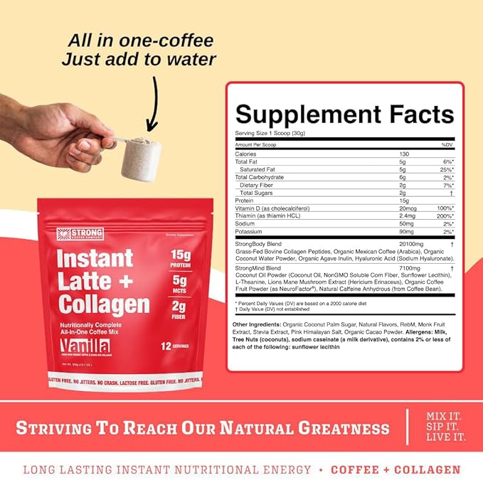 Strong Coffee Co. Instant Vanilla Latte | Organic Coffee with 15g Collagen Protein | Lion’s Mane & L-Theanine | Nootropic Instant Coffee | 12 Serving