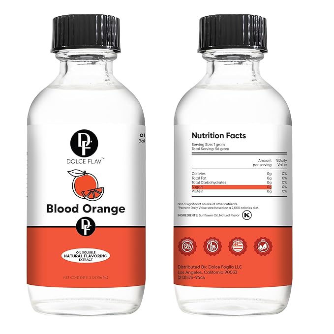 Dolce Flav Natural Blood Orange Extract – 2 Ounce Oil-Soluble Kosher, Sugar-Free, Concentrated Blood Orange Flavoring for Baking, Chocolates & Desserts, Includes Measured Dropper