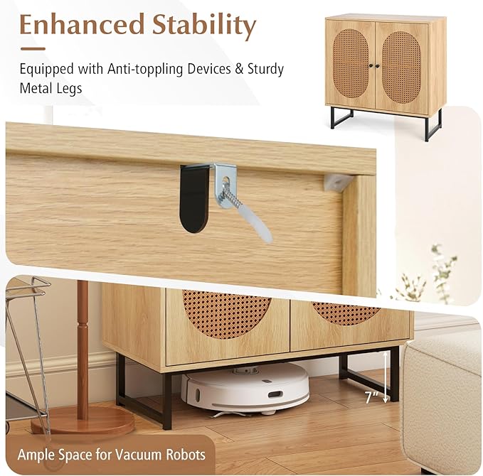 Giantex Rattan Sideboard Buffet Cabinet with Storage, Boho Sideboard with Doors & Adjustable Shelf, Small Accent Buffet Storage Cabinet with Metal Legs for Kitchen, Living Room, Entryway, Natural