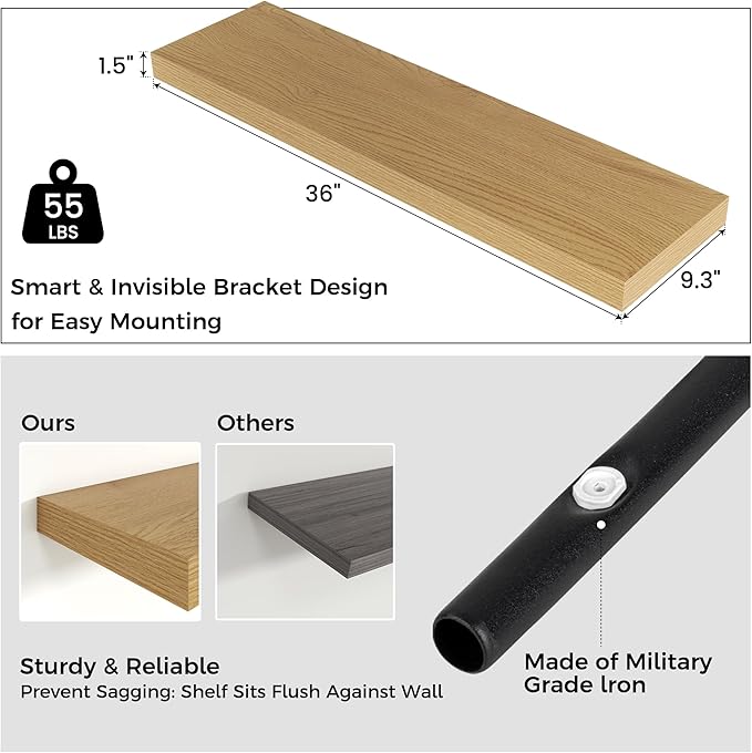 Floating Shelves for Wall, Engineered Wood Wall Shelves with Invisible Brackets for Living Room Bedroom Bathroom Office Kitchen Decor and Storage (Oak, 36" W x 9" D x 1.5" H) Set of 2