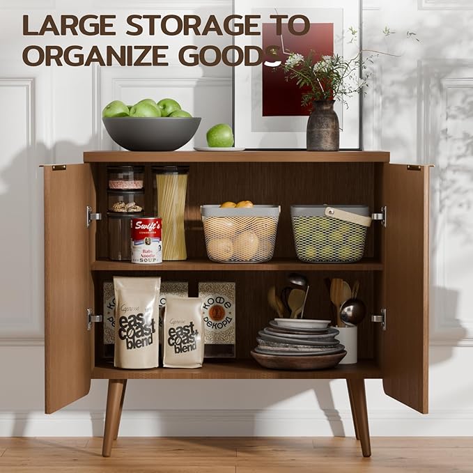 29.5" Wood Fluted Sideboard with 2 Doors, Modern Large Buffet Cabinet with Shelves, Multi-Space Storage Credenza Kitchen for Entryway, Dining & Living Room, Walnut