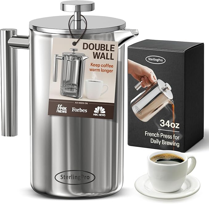 Stainless Steel French Press Coffee Maker Large 1 L(34 oz) Mirror – Durable Double Walled Insulated Coffee Press Keeps Drinks Hot, Easy to Use and Clean Stylish Design for Rich Flavor