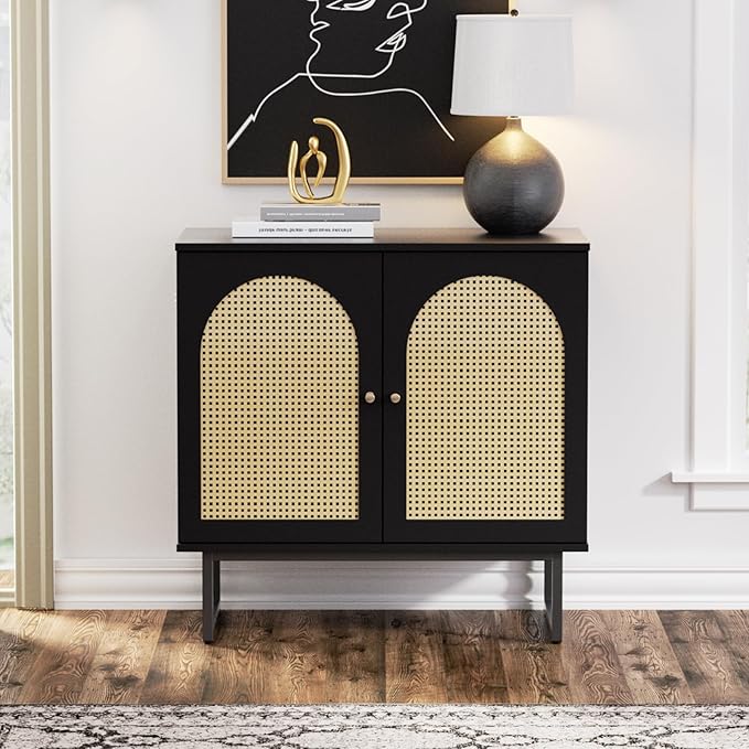 Vabches Sideboard Buffet Cabinet with Rattan Doors, 2 Doors Accent Sideboard, Coffee Bar Cabinet with Metal Legs for Living Room, Hallway, Entryway (Black, 2 Doors)