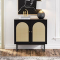 Vabches Sideboard Buffet Cabinet with Rattan Doors, 2 Doors Accent Sideboard, Coffee Bar Cabinet with Metal Legs for Living Room, Hallway, Entryway (Black, 2 Doors)