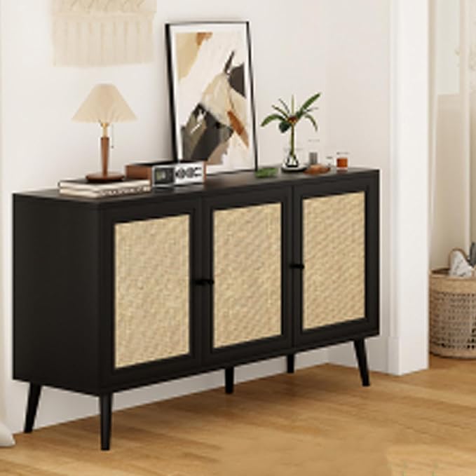 47.2" Buffet Cabinet with Storage Accent Sideboard, Modern Kitchen Cabinet with Rattan Doors, Wood Coffee Bar Table Console for Kitchen Living Room Entryway, Black