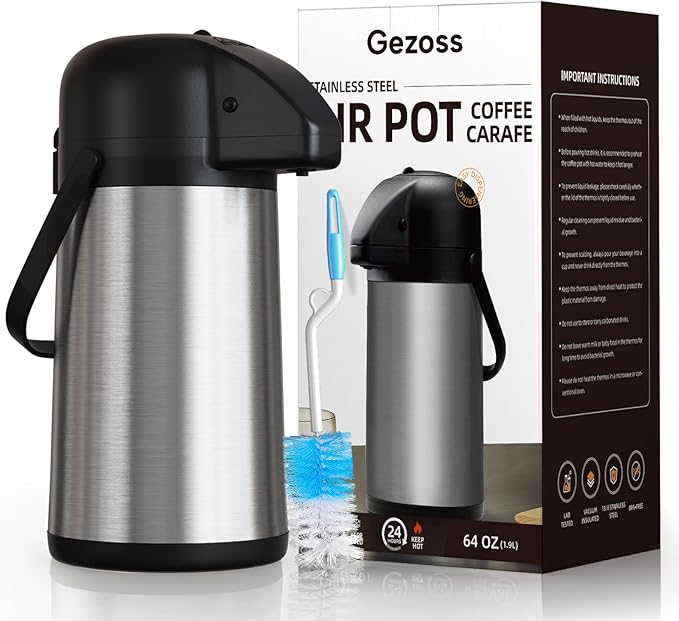 Coffee Carafe for Keeping Hot - Gezoss 64OZ / 1.9L Airpot Coffee Dispenser with Pump - Large Coffee Thermos for Hot Drinks Tea Liquid - Insulated Stainless Steel Hot Water Beverage Urn for Parties
