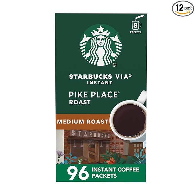 Starbucks VIA Instant Coffee, Medium Roast Coffee, Pike Place Roast, 100% Arabica, 12 boxes (96 packets total)