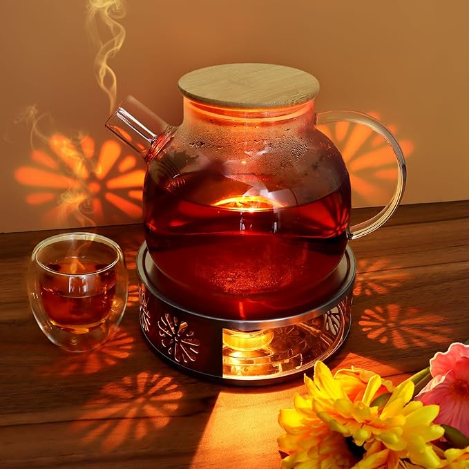 Tea Warmer Chrysanthemum Silhouette, JUKFITA Silver Brushed Stainless Steel Teapot Warmer, Includes 1 Tealight Holder