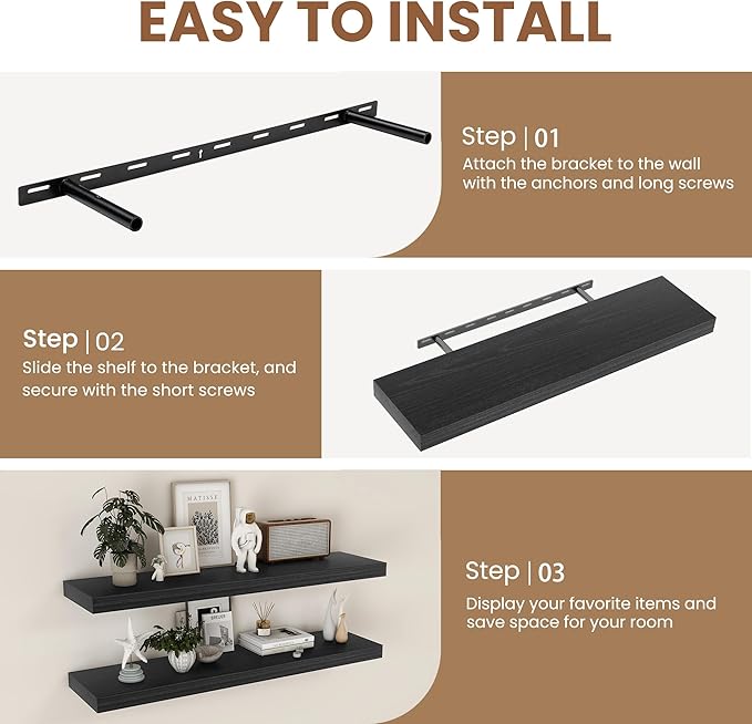 Fun Memories Rustic Real Wood Floating Shelves, 8 Inch Deep Floating Shelf Wall Mounted, 36" W x 8" D Wall Shelves Storage Shelves for Living Room, Bedroom, Bathroom, Black Finish, Set of 2