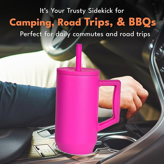 Elemental 40 oz Tumbler with Handle and Straw - Spill Proof Insulated Stainless Steel Commuter for Hot and Cold Beverages - Travel Coffee Mug with 2 Straws & Spill Proof Lid - 40oz - Hot Pink