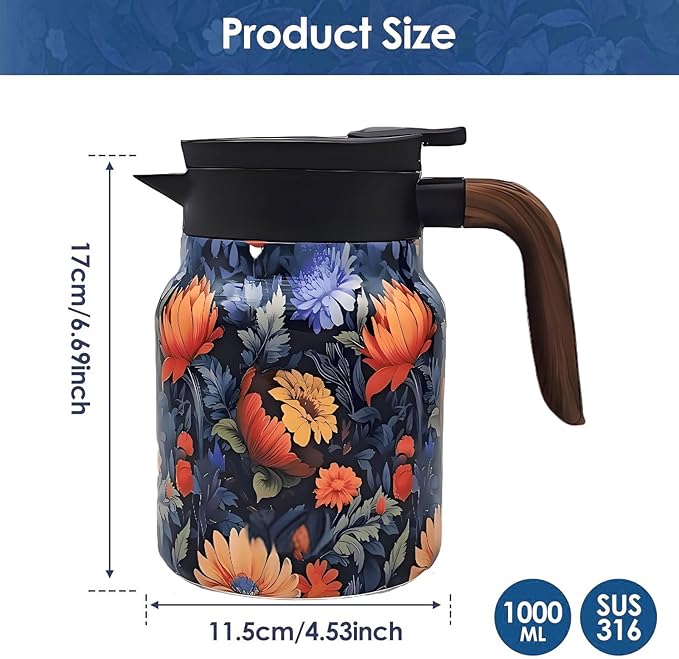 Vintage Pattern Coffee Carafes, 35 Oz/1 Liter - Hot and Cold with Infuser, Perfect for Parties/Home Use (Blooming Flowers)