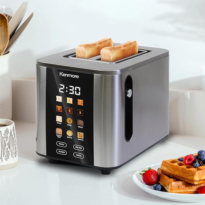 Kenmore 2-Slice Toaster | Color Touch Screen & 6 Shade Settings | Extra Wide Slots | Digital Countdown Timer | Customizable Smart Presets | Reheat, Defrost, Add Time Functions | Stainless Steel