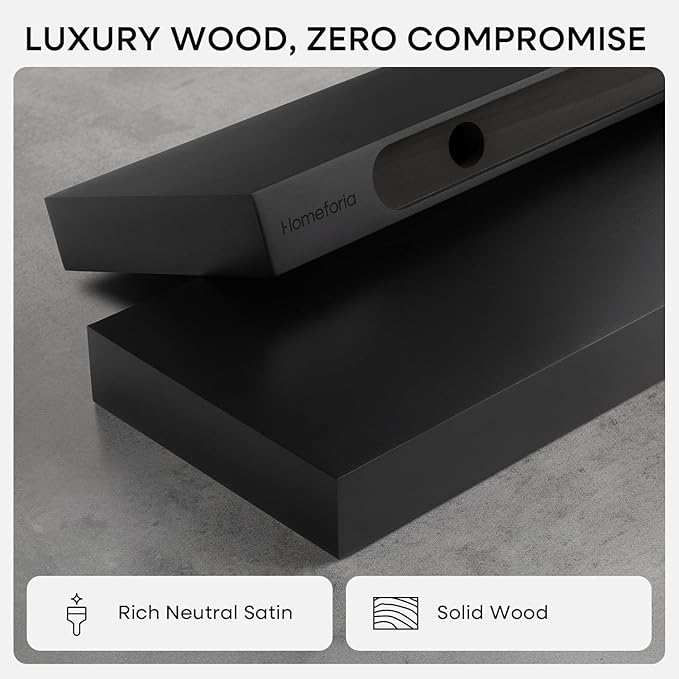 Homeforia Black Floating Shelf 18 inch, High End Solid Real Wood 18inch Bathroom Floating Shelves for Wall Mounted, Black Wooden 18in Floating Shelves, Heavy Duty Bracket, 18 X 6.5 X 1.75 in, Set of 3