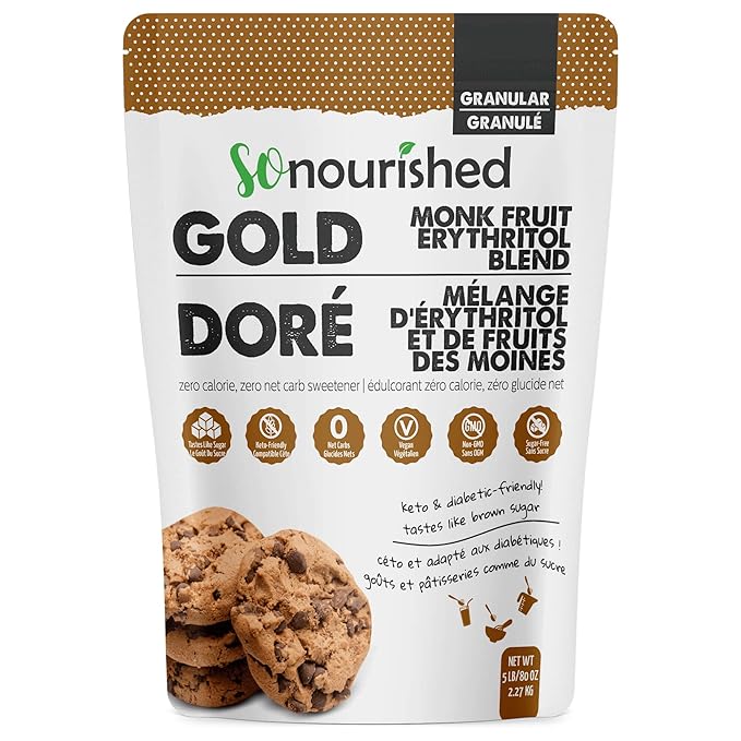 So Nourished GOLD Brown Sugar Alternative Substitute 1:1 Sugar Replacement - Monk Fruit Erythritol Sweetener for Low Carb Dieters and Diabetics - No Calorie Sweetener, Non-GMO (5 Pounds)