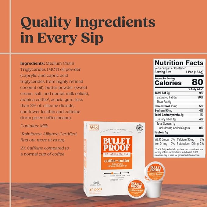 Bulletproof Coffee + Organic Grass-Fed Butter Single-Serve Pods, Keto Coffee, All-in-One Recipe with MCT Oil and Butter, Packaging May Vary