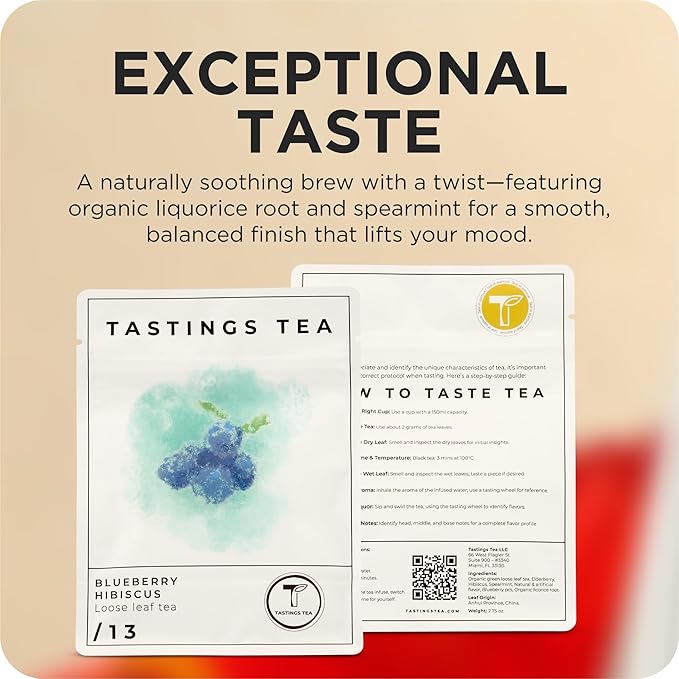 Tastings Tea Blueberry Hibiscus Loose Leaf Pouch 2.75 oz | Chinese Green Tea & Licorice Root with Elderberry, Spearmint & Natural Flavors | Light Caffeine | Tart & Fruity | Sustainably Sourced