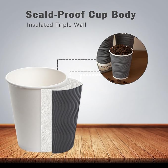 Coffee Cups 8 oz 150 Pack, Corrugated Insulated Ripple Wall Disposable Paper Coffee Cups 8 OZ, To Go for Hot Beverage or Cold Drinks Office/Home/Cafe/Party/Travel (Grey)