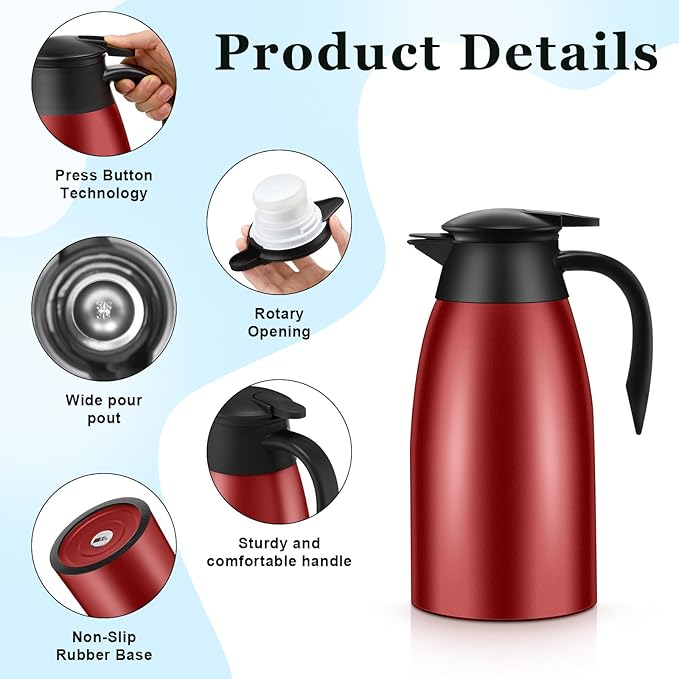 2 Pcs 51 oz Thermal Coffee Carafe for Keeping Hot Insulated Stainless Steel Vacuum Thermal Pot Flask Double Walled Vacuum Coffee Carafe for Beverage Water Tea, 12 Hot 24 Hours Cold(Red)