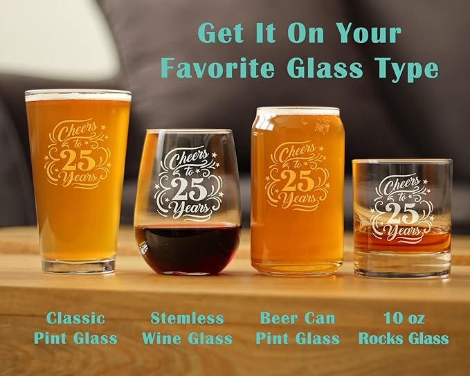 Cheers to 25 Years - Pint Glass for Beer - Gifts for Women & Men - 25th Anniversary Party Decor - 16 Oz Glasses