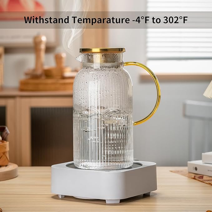 2 PACK Glass Pitcher with Lid, 68 oz/ 2 Liter Classic Vertical Stripes Water Pitcher with Yellow Handle,Glass Water Carafe for Cold Brew, Coffee, Lemonade, Iced Sun Tea,Beverage,Heat Resistant