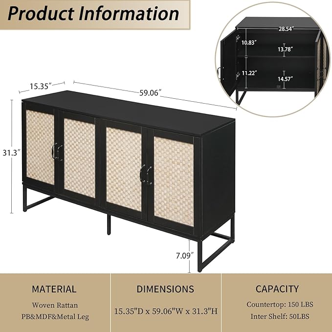 Kitchen Buffet Cabinet with 4 Rattan Decorated Doors, 59" Boho Cupboard with Metal Feet, Accent Buffet Console Storage Credenza for Living Room, Dining Room, Hallway, Office, Black