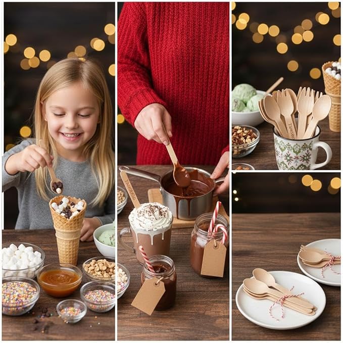 200PCS Wooden Spoons for Eating - 6.3" Bamboo Spoon Bulk, Compostable Spoons for Coffee & Hot chocolate, Biodegradable Disposable Spoon for Weddings, Parties, Catering and Craft Projects