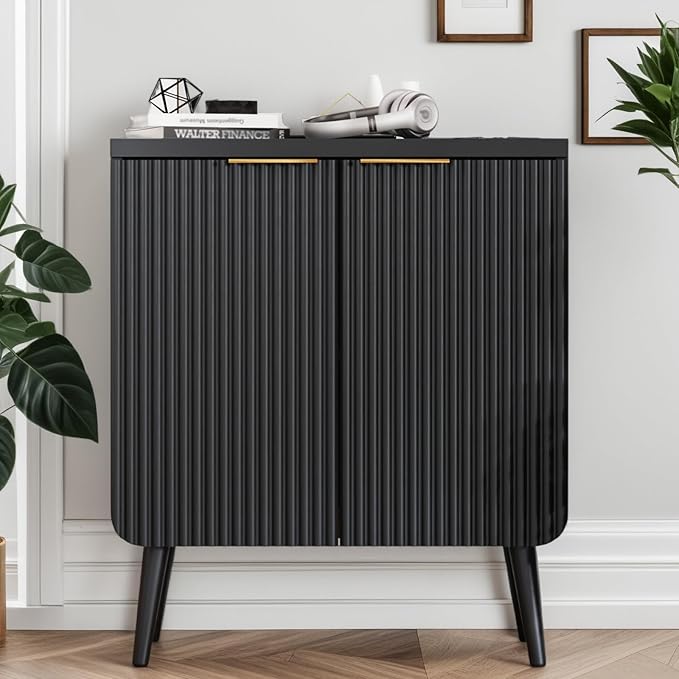 Wood Fluted Sideboard with 2 Doors, Modern Buffet Cabinet with Shelves, Multi-Space Storage Credenza Kitchen for Entryway, Dining & Living Room, Black