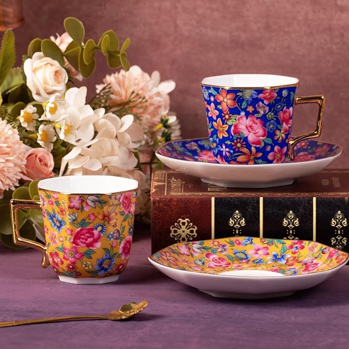 KAMMAK Tea Cups and Saucers Set of 2, Porcelain Coffee Cup with Saucer for Espresso, Cappuccino, 4.5oz Vintage Yellow and Blue Ceramic Demitasse Mug for Home, Tea Party, Office