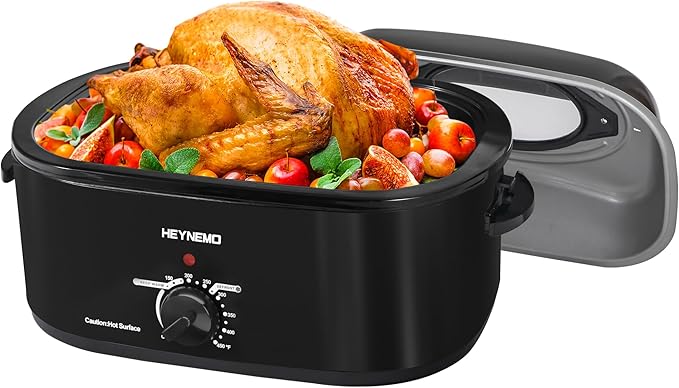 HEYNEMO Roaster Oven 24Qt, 1450W Electric Turkey Roaster Oven Buffet with Self-Basting Lid, Cool-Touch Handles, Removable Pan and Rack, Stainless Steel, Black