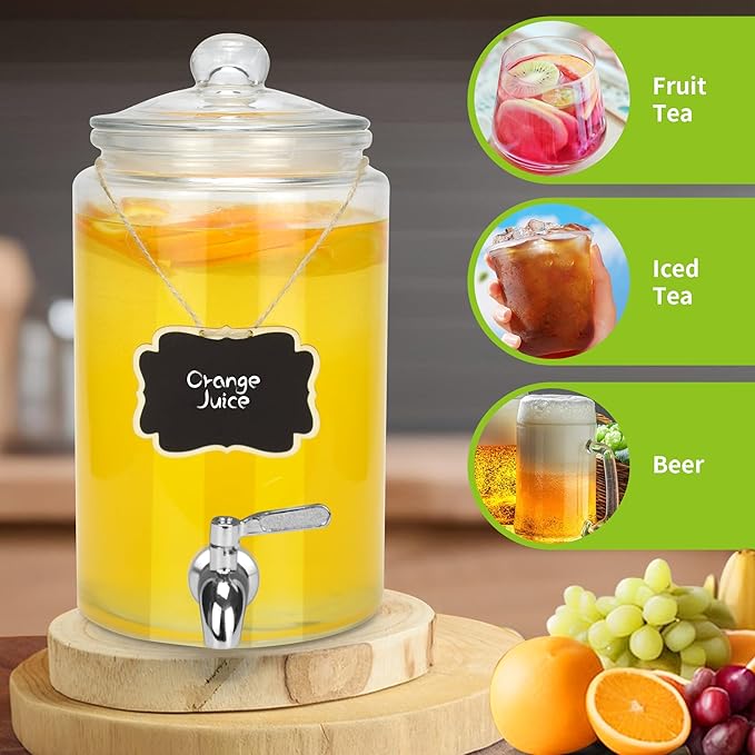 1 Gallon Beverage Dispenser 1 Pack, Stainless Steel Spigot Drink Dispenser for Parties with Stand, Clear Glass Drink Container Easy to Refill and Clean