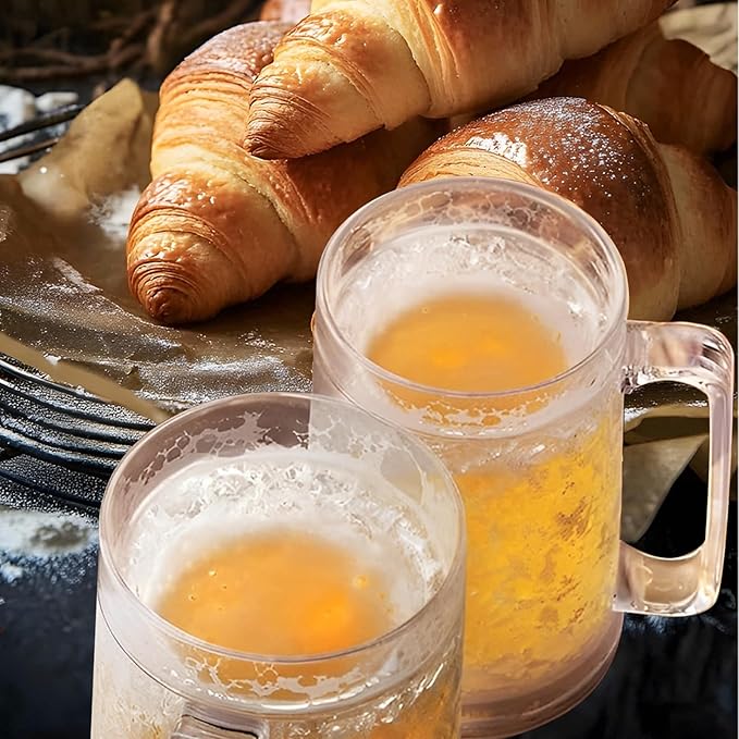 4 Pack Freezer Mugs for Beer 15oz, Double Wall Frozen Beer Mug, Freezer Cups for Drinks, Insulated Plastic Mugs with Handles