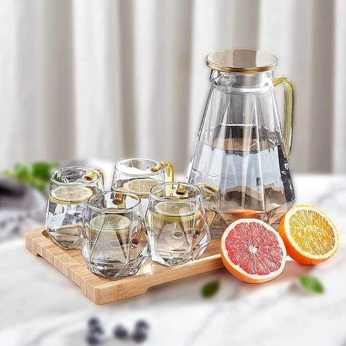 DUJUST Black Diamond Glass Pitcher Set (68 oz) with 4 Cups & 1 Tray, Modern Water Pitcher with Handle, Durable Jug for Fridge, Glass Carafe for Iced Tea/Juice/Beverage/Coffee/Drinks