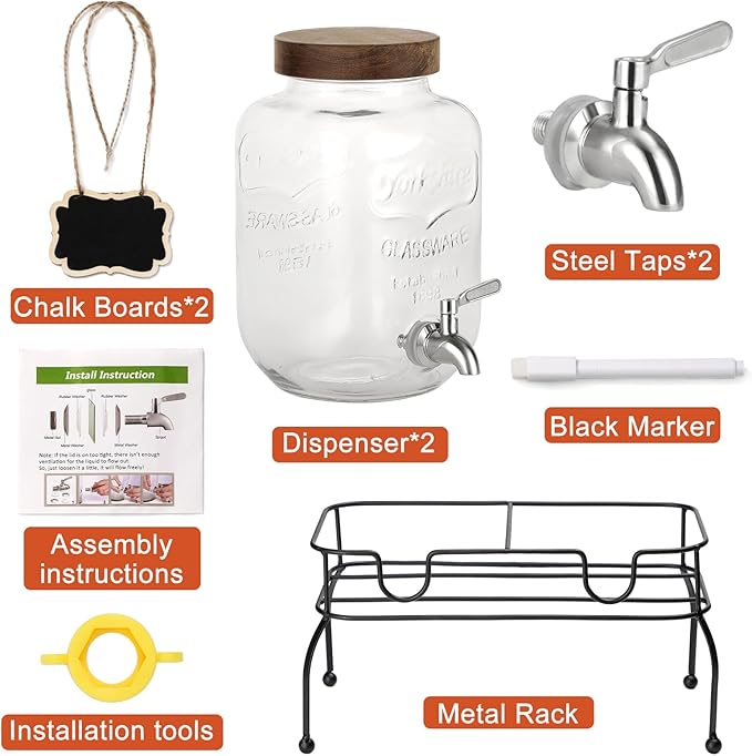 1 Gallon Glass Drink Dispenser 2 Pack - Drink Dispenser with Stand, Juice Dispenser, Drink Dispensers for Parties, Glass Water Dispenser with Stainless Steel Spigot, Lemonade Dispenser