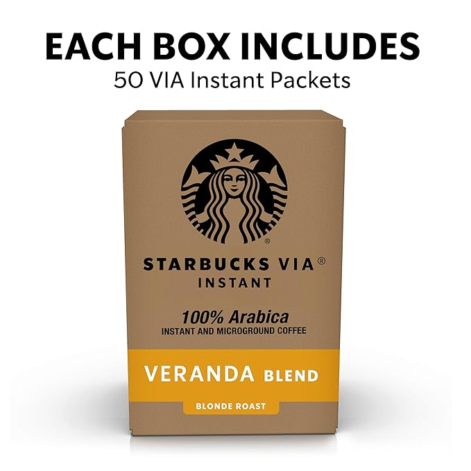 Starbucks VIA Instant Coffee, Light Roast Coffee, Veranda Blend, 100% Arabica, Single-Serve, 1 Box (50 Packets)