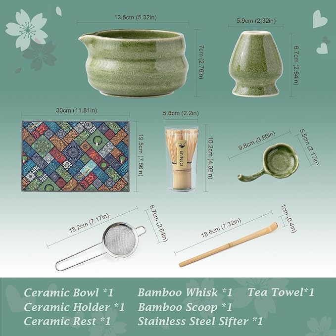 7 Pcs Matcha Kit, Matcha Bowl with Spout, Bamboo Whisk And Scoop, Ceramic Holder And Scoop Rest, Stainless Steel Sifter, Tea Towel. Speckled Green Glaze Matcha Whisk Set for Beginners And Gifting