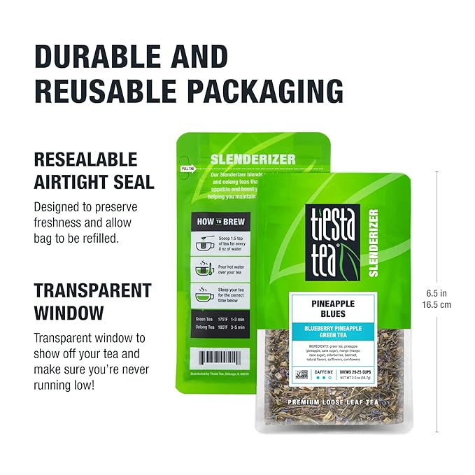 Tiesta Tea - Pineapple Blues, Loose Leaf, Blueberry Pineapple Green Tea, Premium Tropical Blend, Medium Caffeinated Green, Make Hot or Iced, Brews Up to 25 Cups, 2 Ounce Resealable Pouch