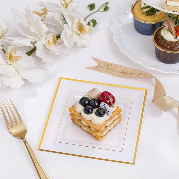 bUCLA 100PCS Clear Gold Plastic Square Plates - 6 Inch Clear Disposable Dessert/Cake Plates with Gold Trim - Ideal for Weddings,Birthday&Party