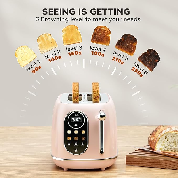 Keenstone Smart Touch Screen Toaster 2 Slice, Retro Wide Slot Stainless Steel Toaster with 6 Browning Levels, Reheat & Defrost, for Bagel, Toast, Bread, Removable Crumb Tray, Pink