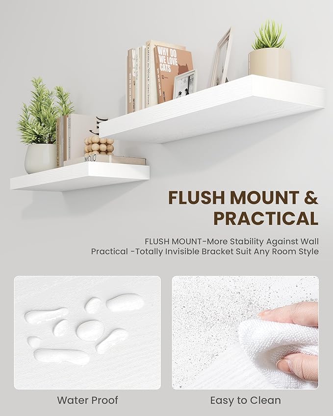 Marsmiles 32" Floating Shelves for Wall, Wooden Shelves with Invisible Brackets Set of 2, Rustic Farmhouse Wall Mounted Shelf for Kitchen Bathroom Living Room Study, White