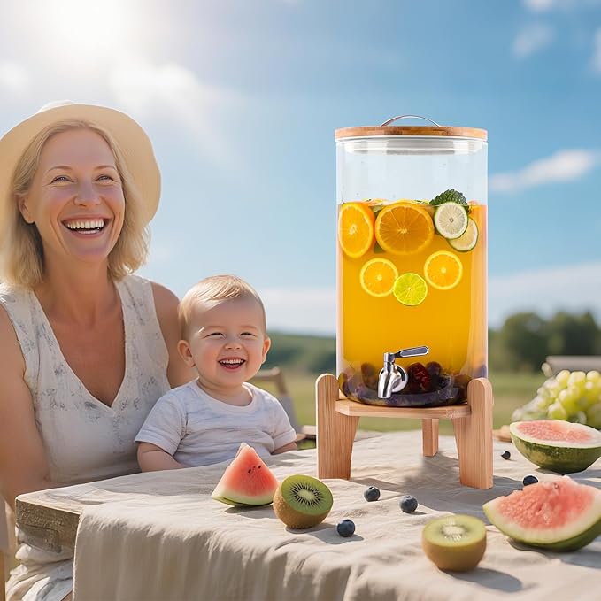 2.9 Gallon Drink Dispenser, Glass Beverage Dispenser with Wood Stand, Lemonade Dispenser with Airtight Valve and Stainless Steel Spigot Fruit, Thick Drink Dispenser for Parties Restaurants Hotels